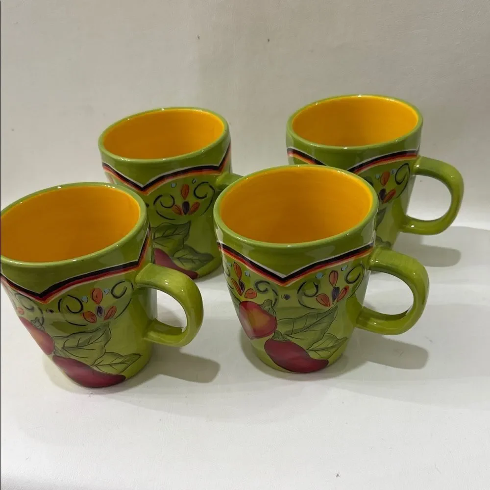 Pier 1 Pasilla Mug Set 4 Green Yellow Pepper Theme 3 1/2 In Round 4 1/4 In Tall